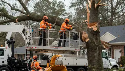 Andover, MA tree service crew removing storm-damaged tree near home