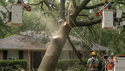 Andover, MA arborist removing storm-damaged tree for emergency tree service