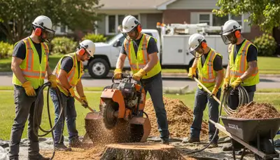 Andover, MA stump removal service clearing a tree stump from a lawn for Arbor Tree Care