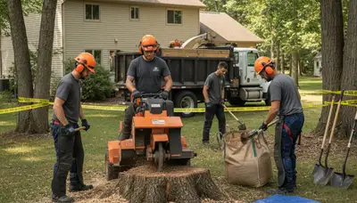 Andover, MA stump removal service clearing a tree stump from a lawn area
