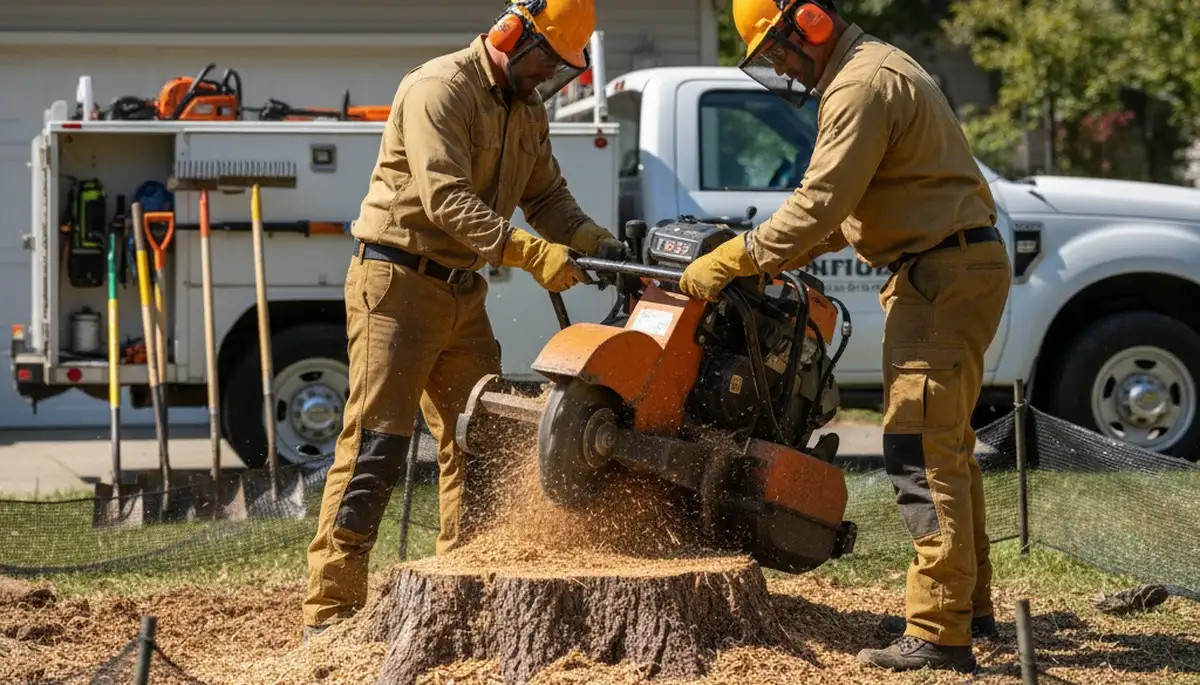 Andover, MA stump removal service clearing a stump from a lawn with professional equipment